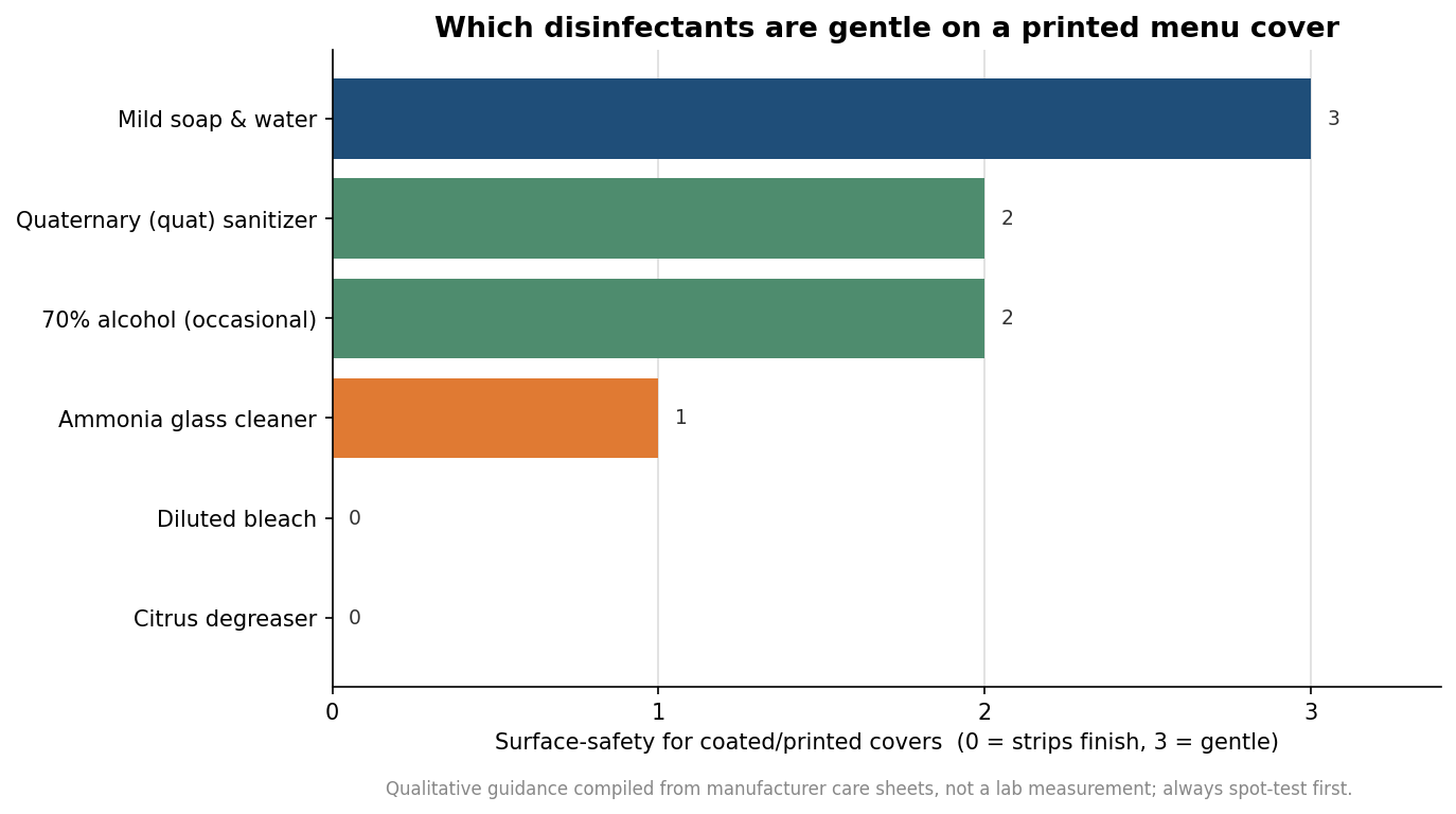 Horizontal bar chart rating the surface-safety of common disinfectants on coated printed menu covers, from mild soap and water down to citrus degreaser